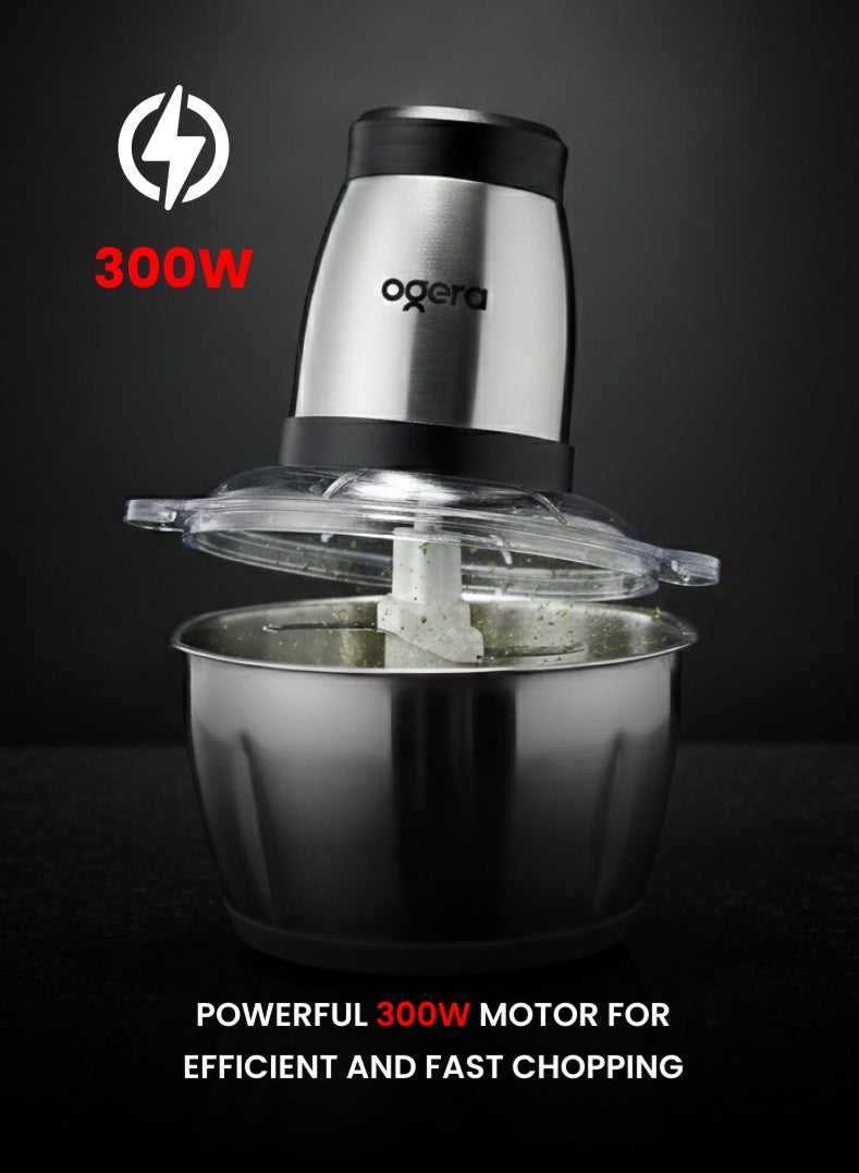 أوجيرا فرامة ومفرمة طعام كهربائية | وعاء ستانلس ستيل XXL سعة 2.0 لتر | تحكم بسرعتين | نظام 4 شفرات من الستانلس ستيل | محرك قوي 300 واط | تشغيل بلمسة واحدة | قاعدة مانعة للانزلاق | تصميم أنيق مدمج فضي/أسود | سهلة التنظيف | OG4000FC - Image 5